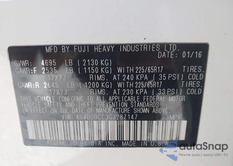 2016 Subaru Outback 2.5I Premium from USA, damaged, VIN 4S4BSBCC3G3287147